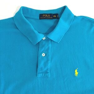 Polo Ralph Lauren Bright Blue Shirt Men 2XL Short Sleeve Yellow Logo Preppy